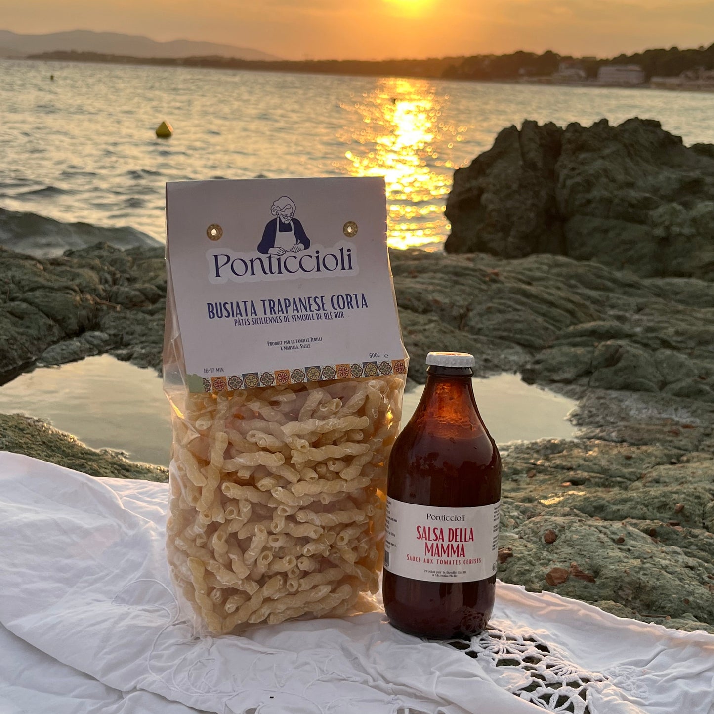 Duo Sicilien – Sauce à la tomate cerise artisanale de Sicile & Pâtes artisanales Busiate Trapanesi Corta