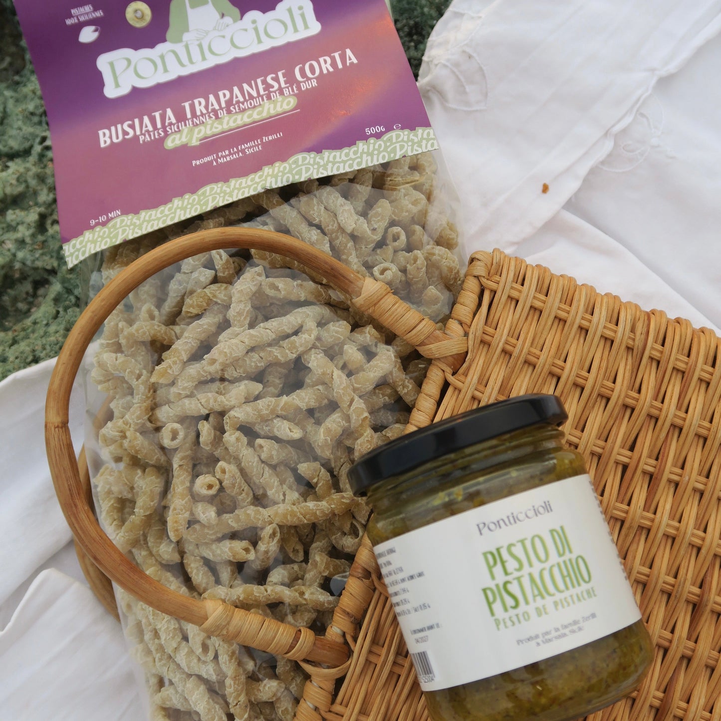 Duo Pistacchio – Busiate trapanesi à la pistache & Pesto sicilien aux pistaches artisanales